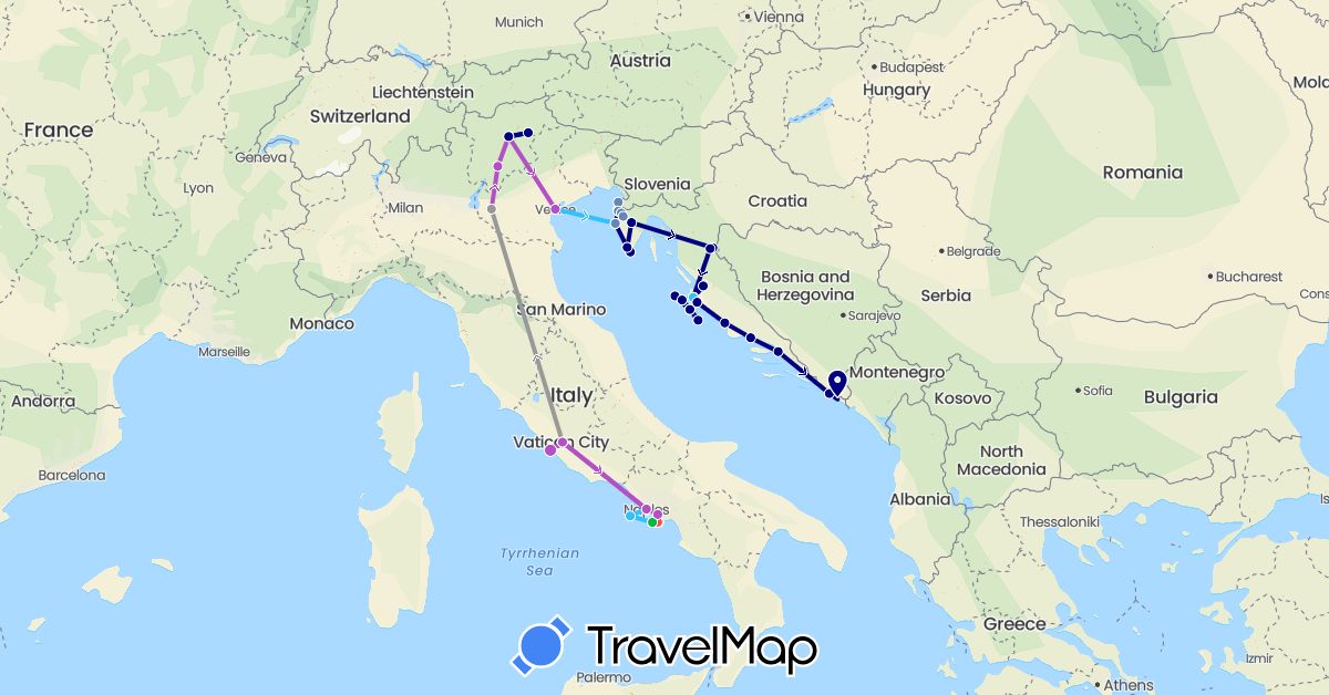 TravelMap itinerary: driving, bus, plane, cycling, train, hiking, boat in Croatia, Italy, Slovenia (Europe)